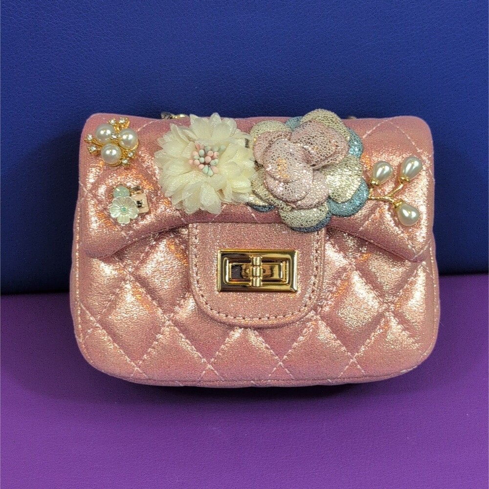 Doe A Dear Girls Pink Quilted Mini Crossbody Bag Pearl Floral TurnLock Purse NWT